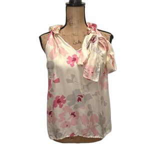 Marina‎ Luna 100% Silk Halter Blouse Yellow Pink Floral Ruffle Neck Size Small